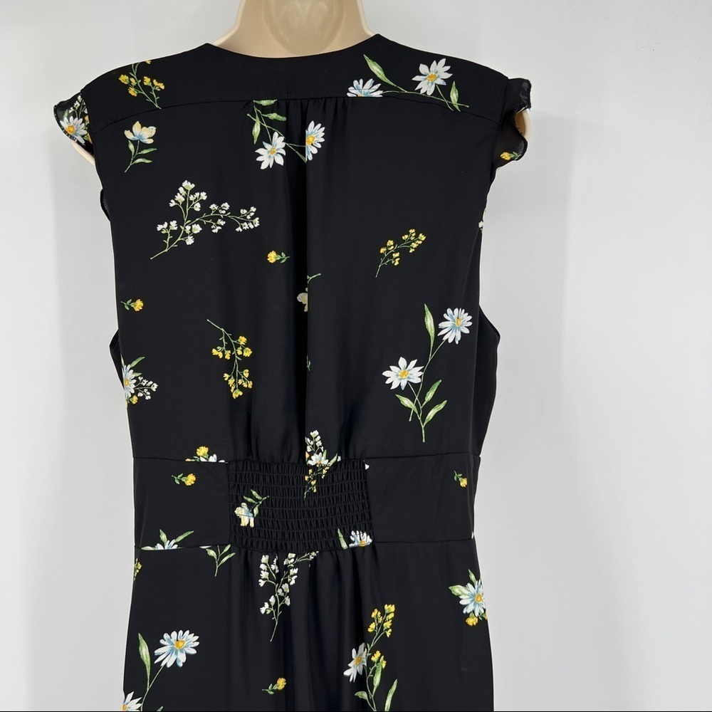 Socialite Floral Black Surplice Wrap Front Ruffle Cap Sleeve Banded Waist Dress - Picture 7 of 13
